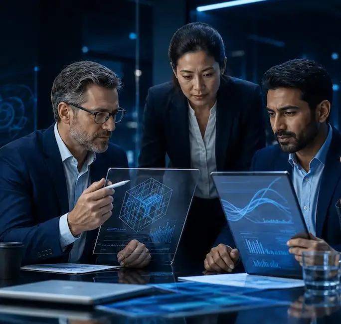 A panel of technology professionals reviewing evidence together